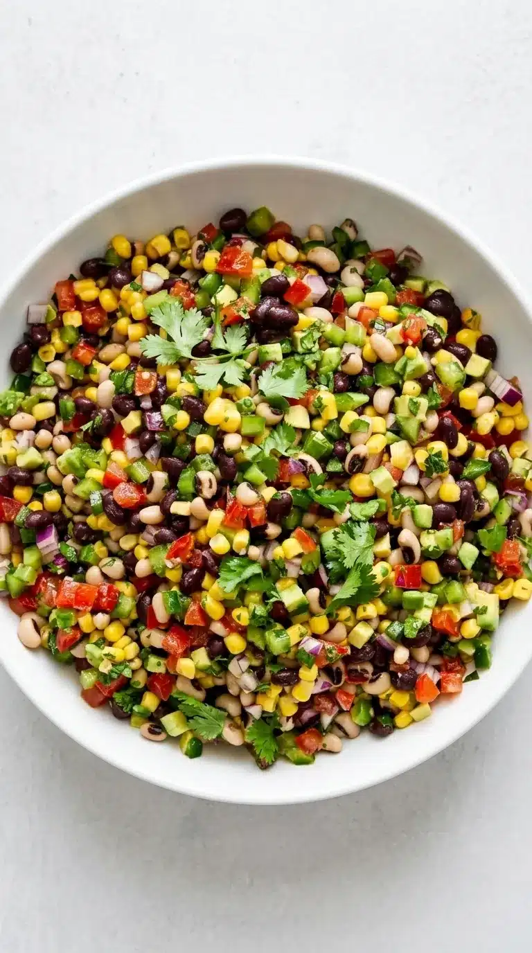 Cowboy Caviar with black beans, corn, avocado, tomatoes, peppers, and fresh cilantro