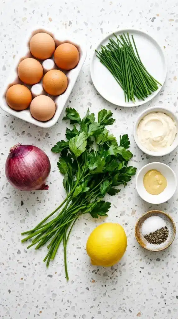 Egg Salad Recipe : Ultimate Easy Lunch You’ll Love 6 Egg Salad ingredients with eggs, mayonnaise, Dijon mustard, red onion, lemon, chives, and parsley
