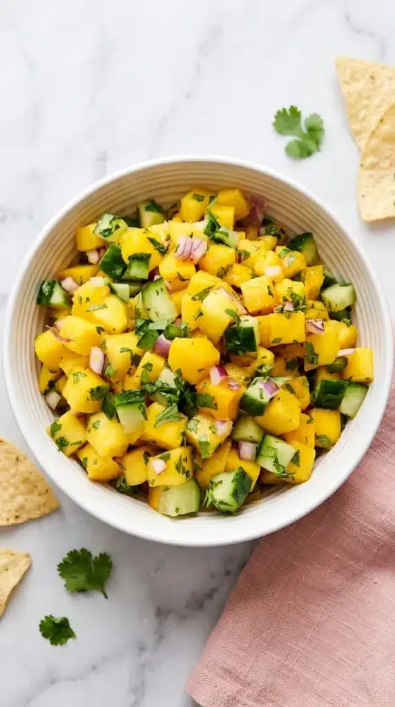 Fresh Mango Salsa with cucumber, red onion, jalapeño, cilantro, and lime