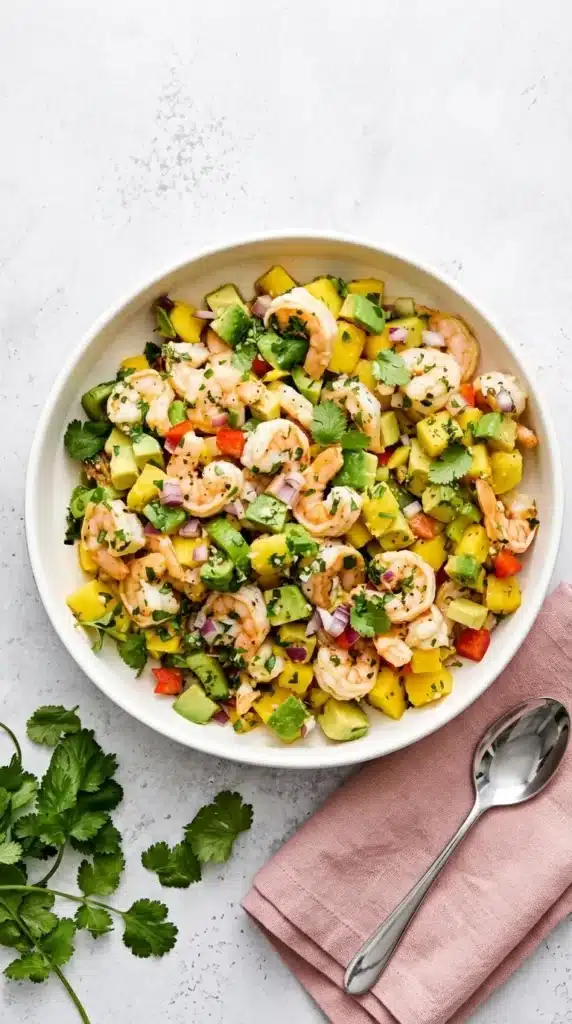 Mango Avocado Shrimp Salad Recipe : Amazing Fresh Lunch 12 Close-up of Mango Avocado Shrimp Salad with cilantro and honey lime dressing
