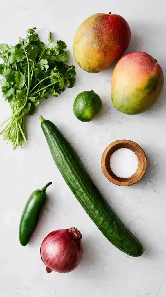 Mango Salsa ingredients with mango, cucumber, jalapeño, cilantro, red onion, lime, and salt