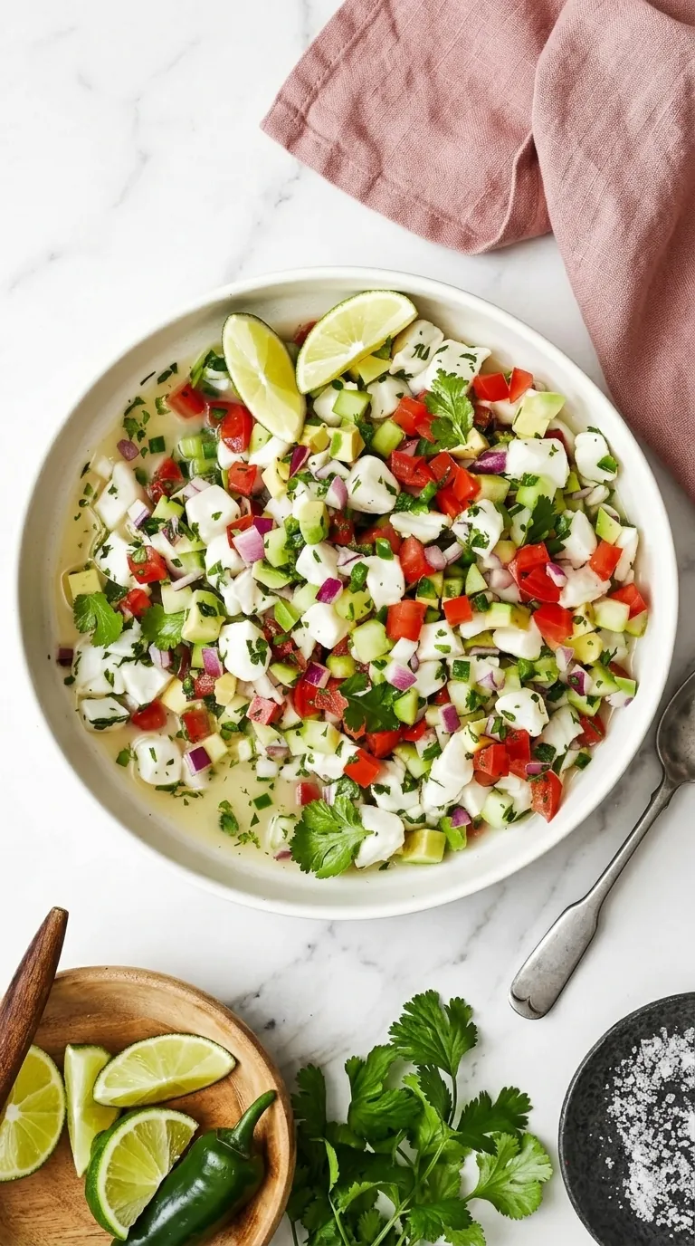 Fresh Ceviche Salad with white fish, avocado, cucumber, tomato, lime, cilantro, and red onion