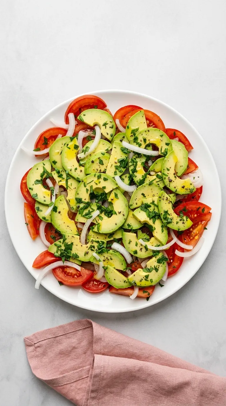Tomato Avocado Salad with juicy tomatoes, creamy avocado, onion, parsley, and lemon dressing