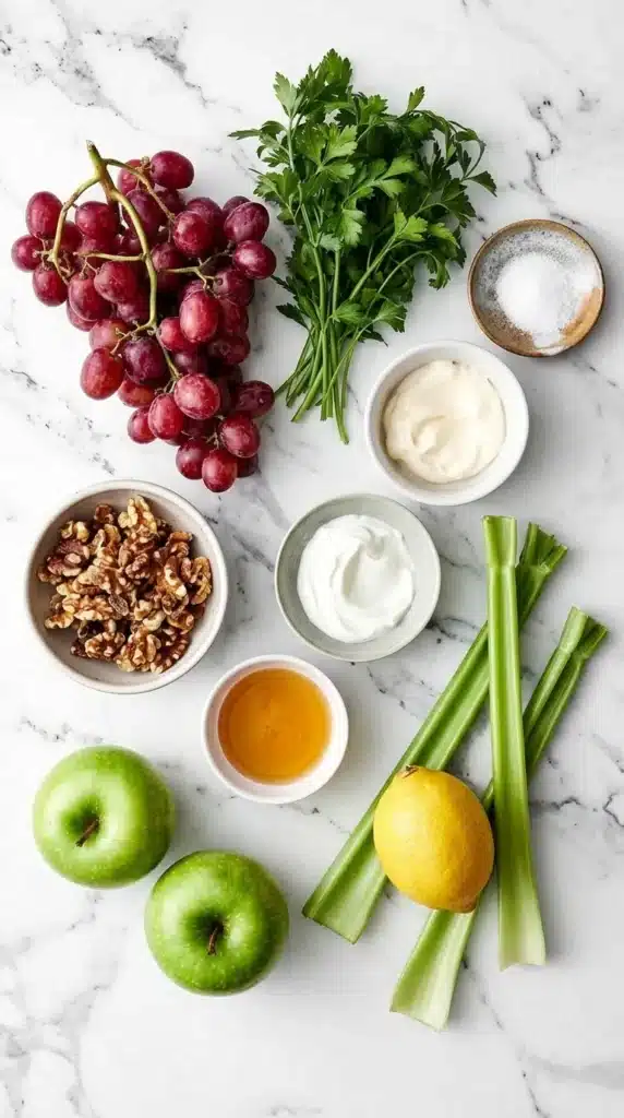 Waldorf Salad : Easy, Fresh and Satisfying Recipe 9 Waldorf Salad ingredients with apples, grapes, celery, walnuts, Greek yogurt, honey, and lemon