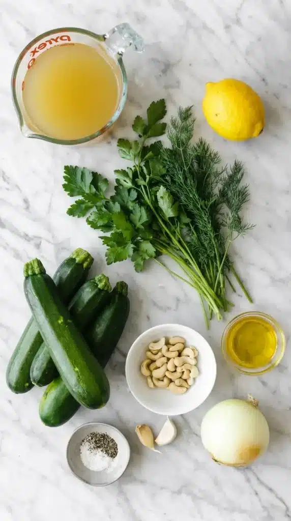Zucchini Soup Recipe | Amazing Creamy Dinner You'll Love 6 Fresh Zucchini Soup ingredients with zucchini, cashews, broth, lemon, herbs, and onion.