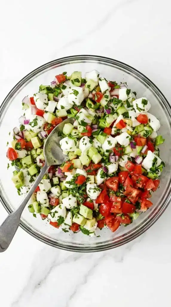 Freshly mixed Ceviche Salad with white fish, avocado, cucumber, tomato, onion, and cilantro