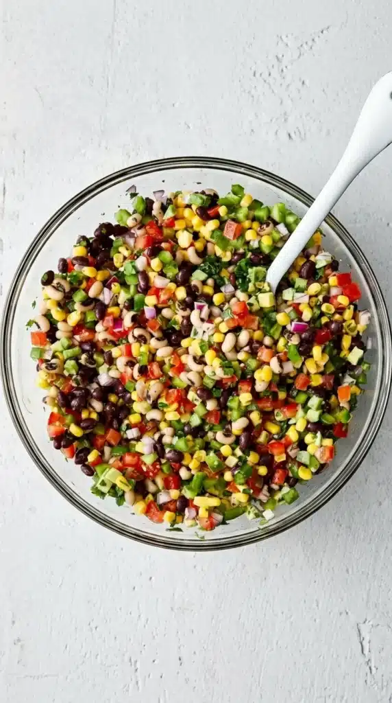 Fresh Cowboy Caviar mixed with black beans, corn, avocado, tomatoes, peppers, and cilantro