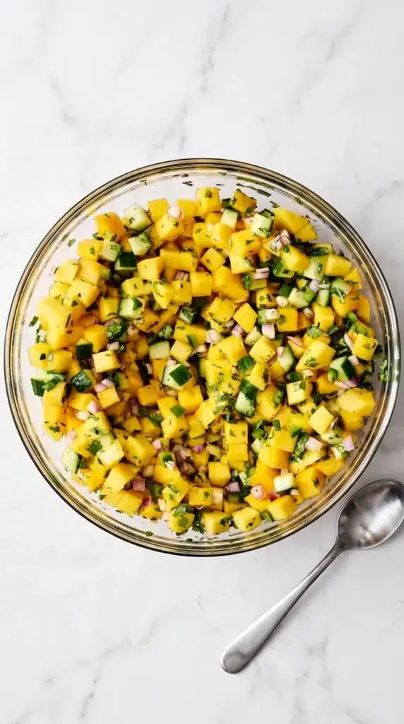 Fresh Mango Salsa mixed with cucumber, red onion, jalapeño, cilantro, and lime