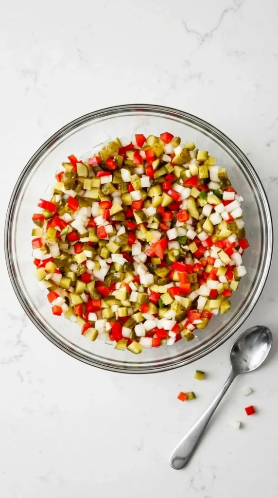 Freshly mixed Pickle de Gallo with dill pickles, red pepper, onion and serrano