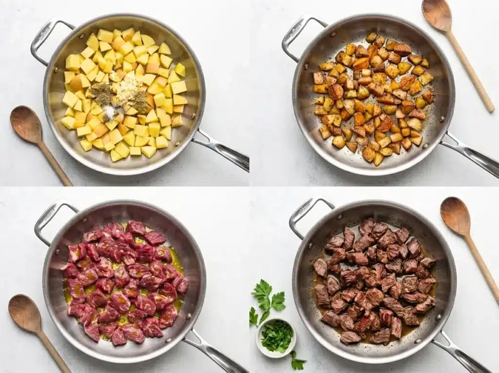 Garlic Butter Steak Bites and Potatoes Recipe : Easy Feast 8 Garlic Butter Steak Bites and Potatoes cooking steps with golden potatoes and seared steak