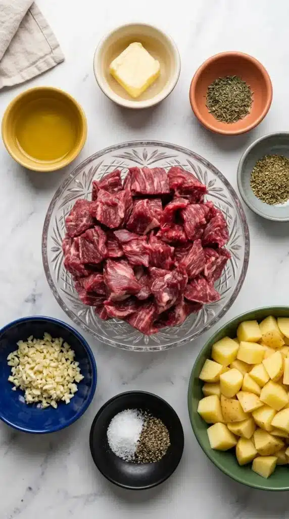 Garlic Butter Steak Bites and Potatoes Recipe : Easy Feast 7 Garlic Butter Steak Bites and Potatoes ingredients with steak, potatoes, garlic, butter, and herbs