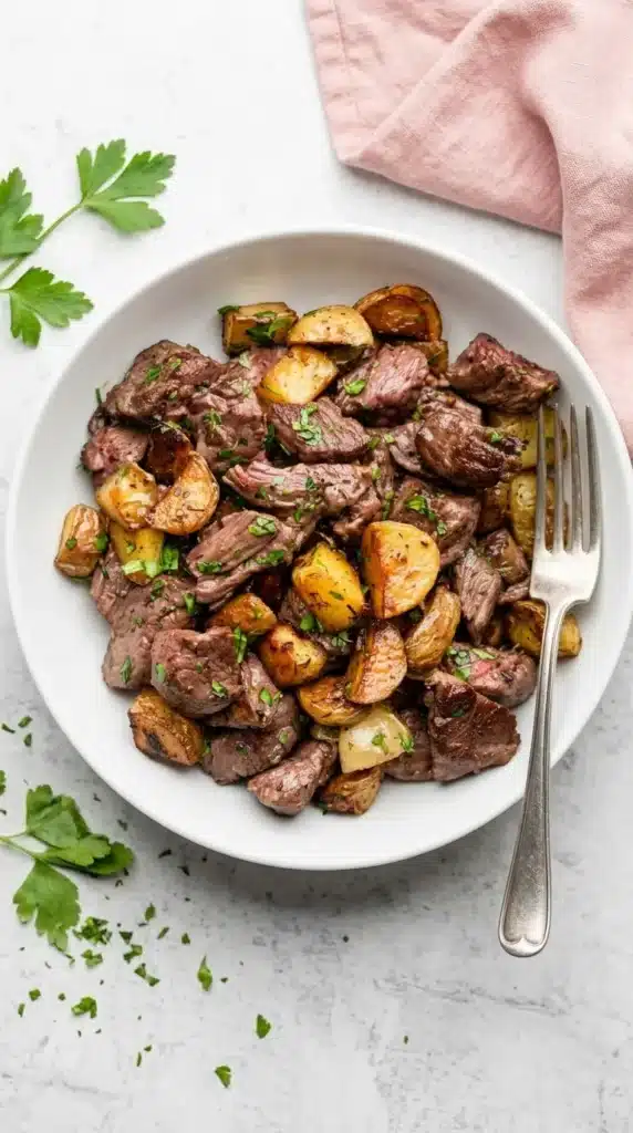 Garlic Butter Steak Bites and Potatoes Recipe : Easy Feast 9 Garlic Butter Steak Bites and Potatoes served with golden potatoes and fresh parsley