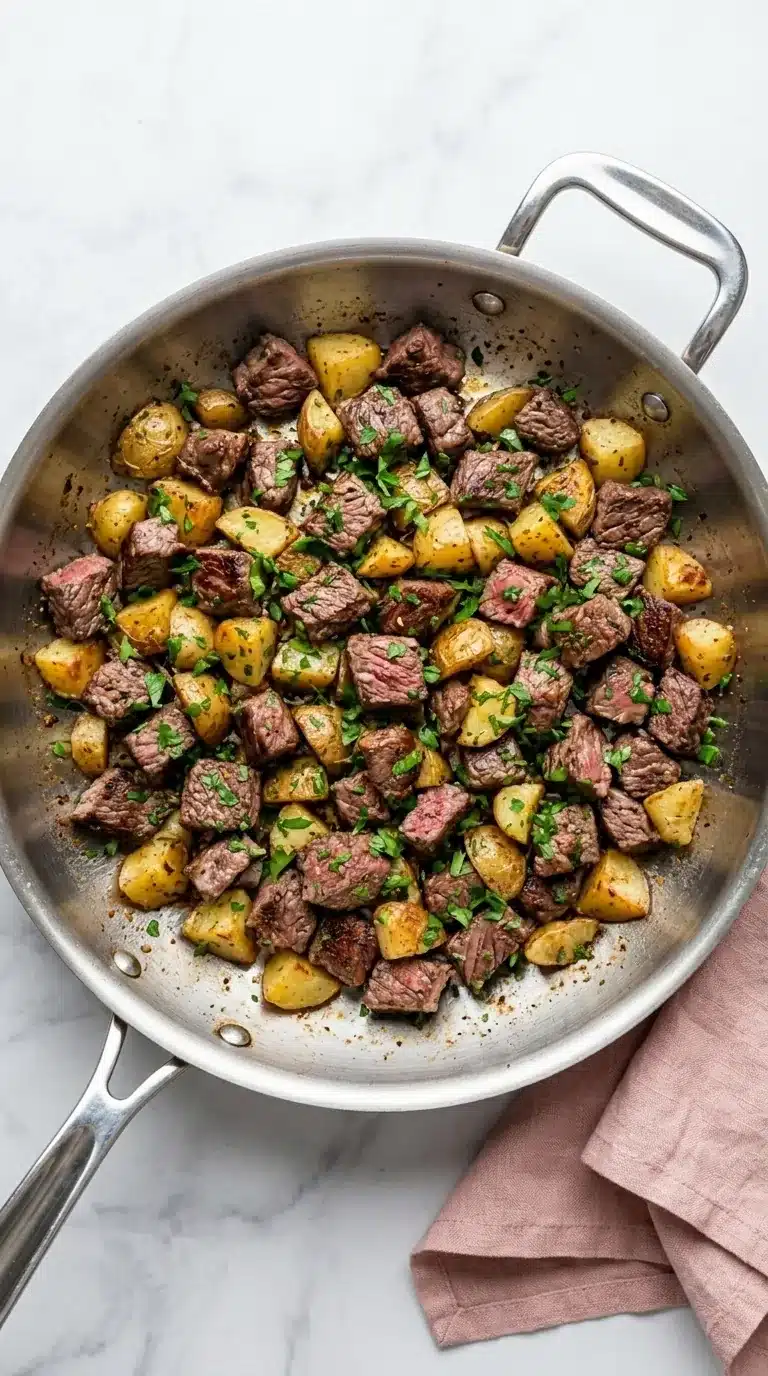 Garlic Butter Steak Bites and Potatoes with golden potatoes and parsley in a skillet