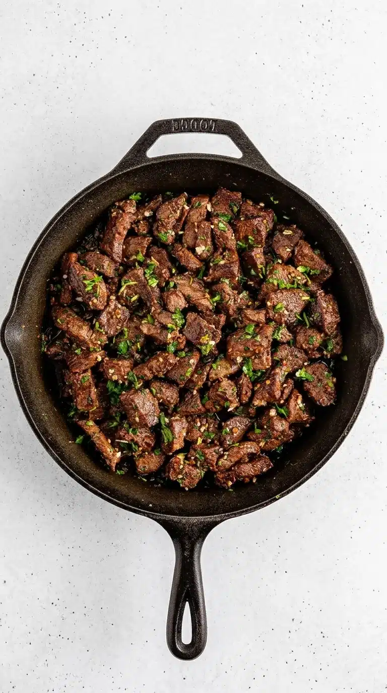 Garlic Butter Steak Bites in a cast iron skillet with parsley and garlic