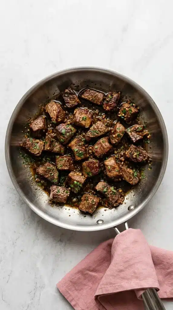 Garlic Butter Steak Bites with seared beef, garlic, shallots, and fresh herbs in a skillet