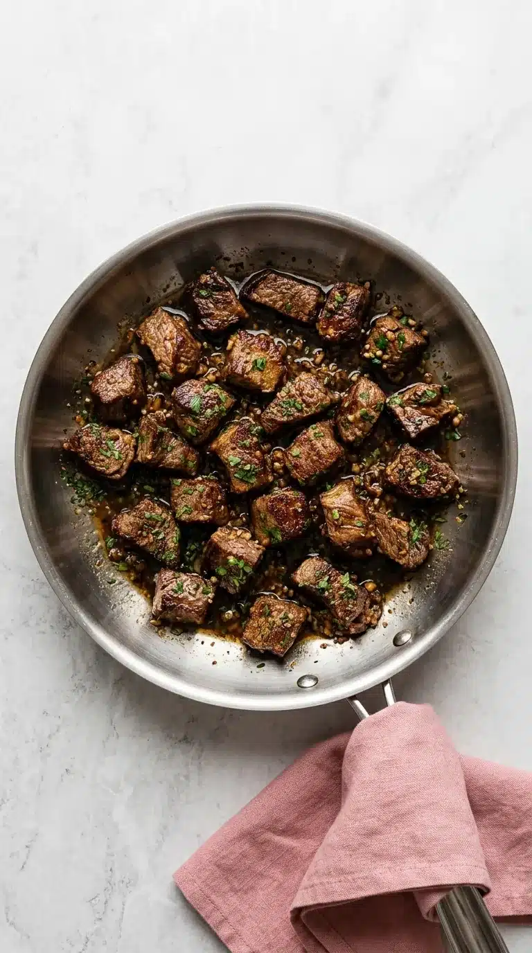 Garlic Butter Steak Bites with seared beef, garlic, shallots, and fresh herbs in a skillet