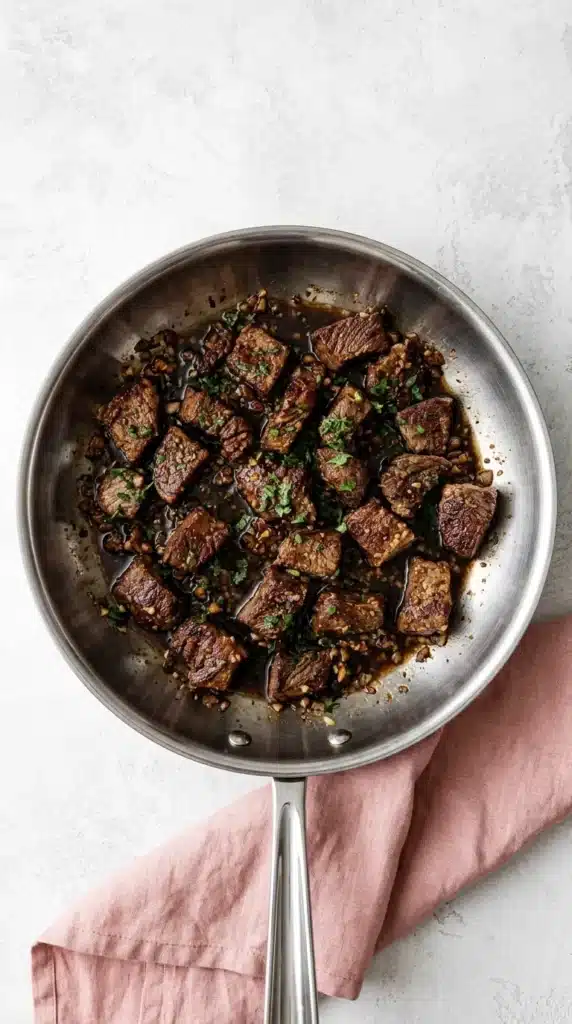 Garlic Butter Steak Bites with seared beef, garlic butter sauce, shallots, and fresh parsley