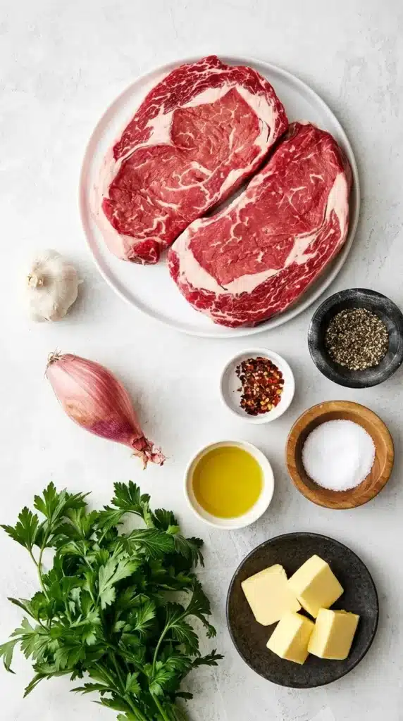 Garlic Butter Steak Bites ingredients with steak, butter, garlic, shallots, parsley, and seasonings