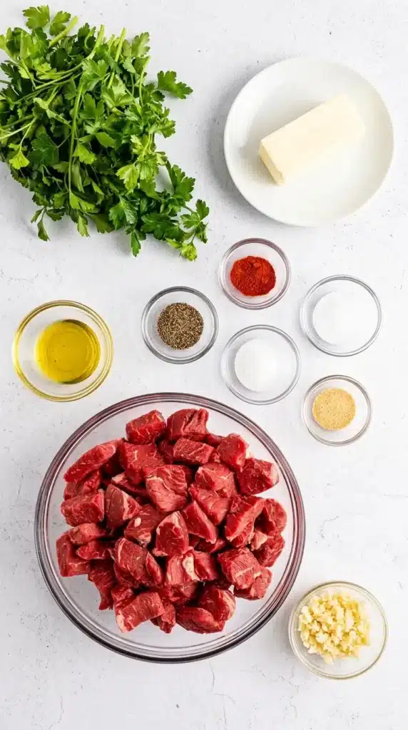 Garlic Butter Steak Bites | Amazing Easy Skillet Dinner 7 Garlic Butter Steak Bites ingredients arranged on a stone countertop