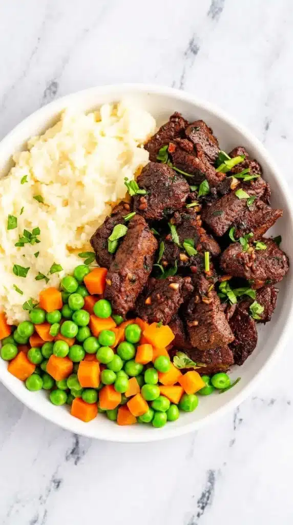 Garlic Butter Steak Bites | Amazing Easy Skillet Dinner 10 Garlic Butter Steak Bites served with mashed potatoes and vegetables