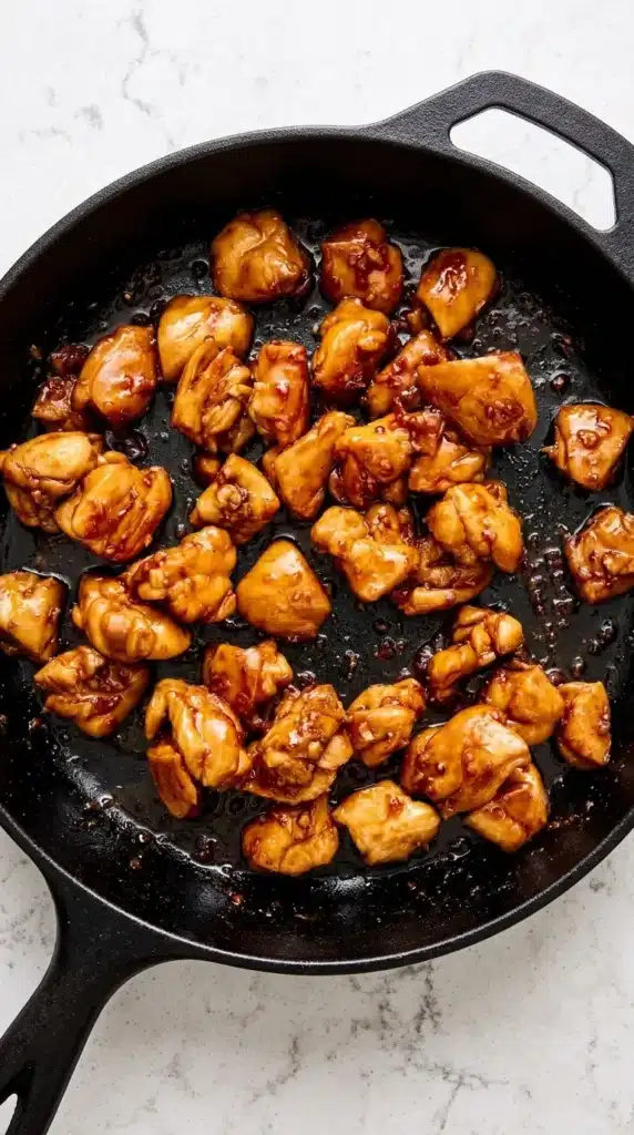 Teriyaki Chicken coated in thick glossy homemade sauce after reducing in a skillet
