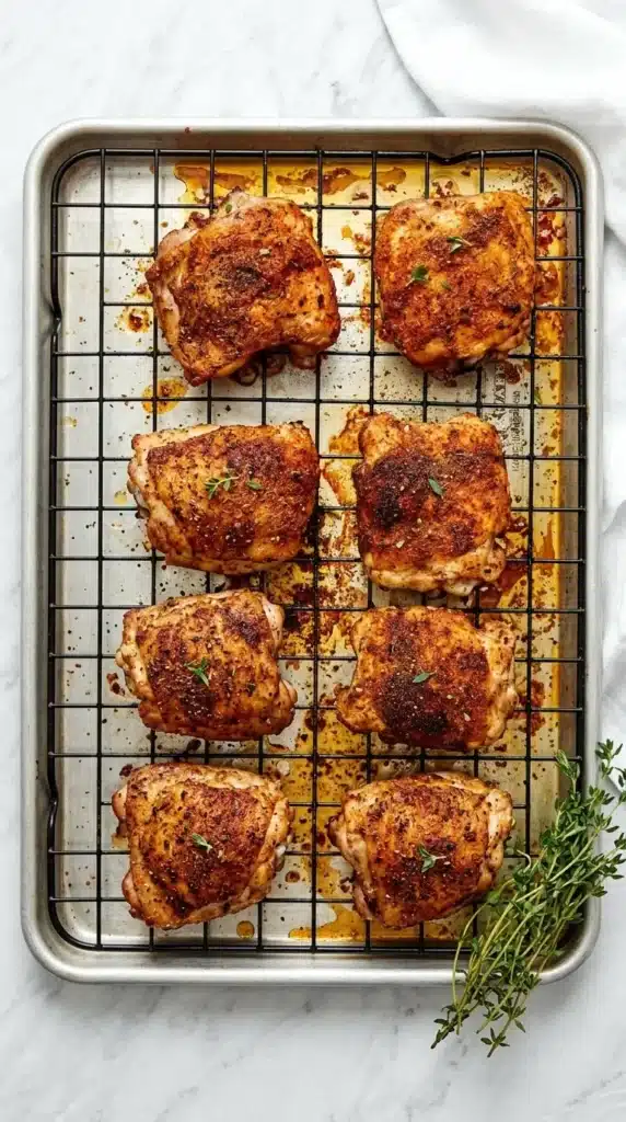 Golden Crispy Baked Chicken Thighs on a wire rack fresh from the oven