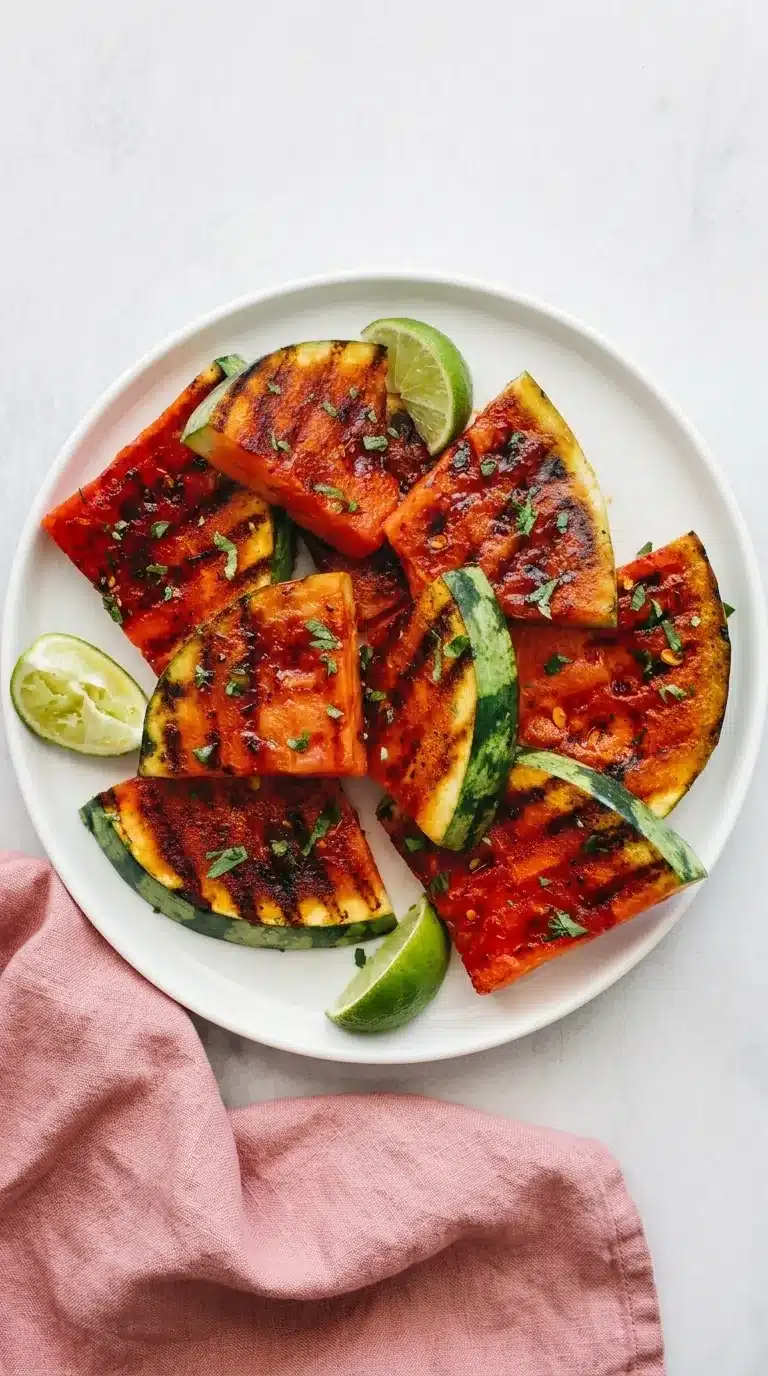 Grilled Watermelon wedges with honey, lime, cilantro, and smoky grill marks