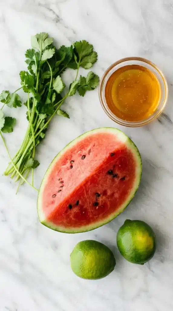 Grilled Watermelon : Easy, Vibrant Summer Recipe 5 Grilled Watermelon ingredients with fresh lime, honey, cilantro, and whole watermelon