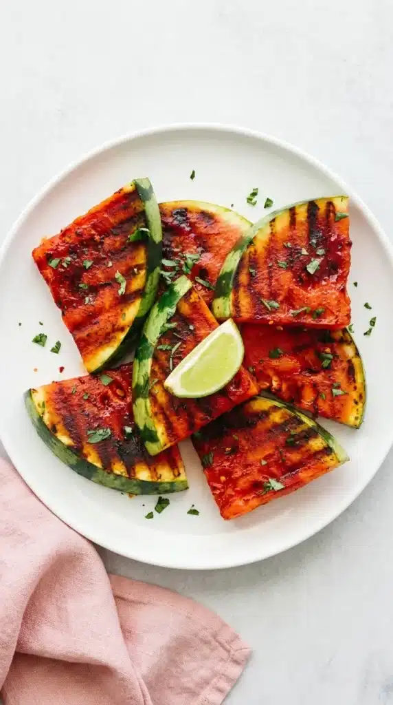 Grilled Watermelon : Easy, Vibrant Summer Recipe 6 Grilled Watermelon wedges with smoky grill marks, lime, and fresh cilantro