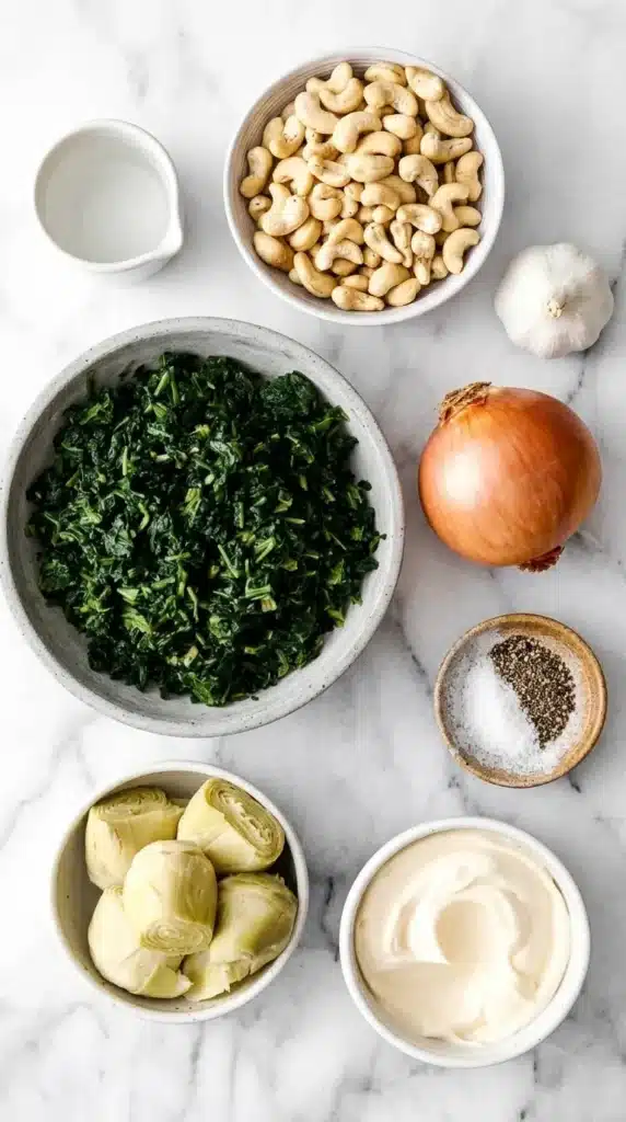 Healthy Spinach Artichoke Dip: Amazing Easy Recipe 7 Healthy Spinach Artichoke Dip ingredients with spinach, artichokes, cashews, garlic and onion