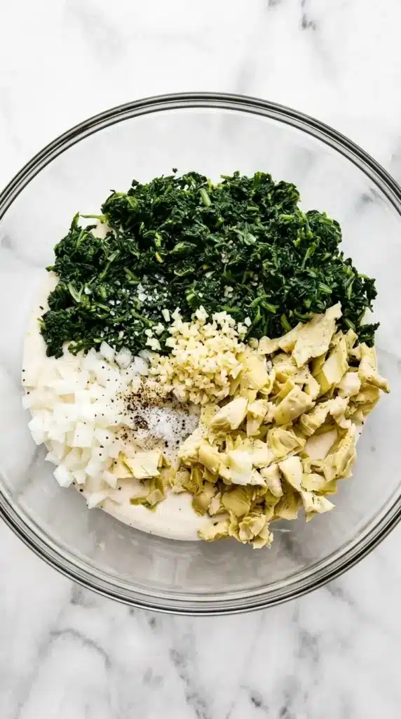 Healthy Spinach Artichoke Dip: Amazing Easy Recipe 8 Healthy Spinach Artichoke Dip ingredients combined in a bowl before mixing