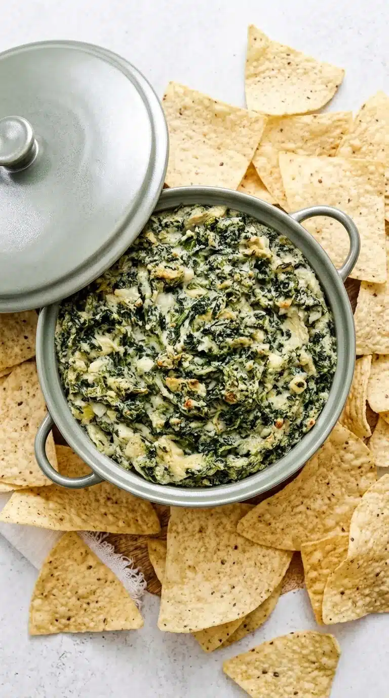 Healthy Spinach Artichoke Dip served warm with crispy tortilla chips and fresh vegetables