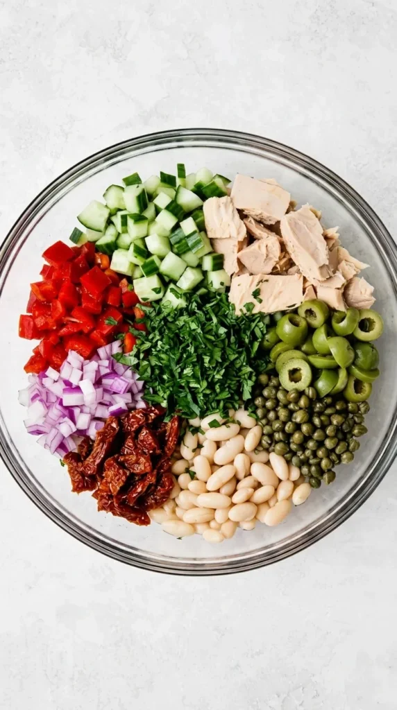   "Healthy Tuscan Tuna Salad ingredients with tuna, white beans, cucumber, olives, peppers and herbs",