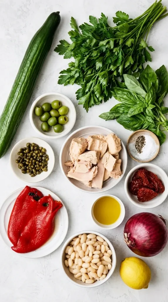  "Healthy Tuscan Tuna Salad ingredients with tuna, white beans, cucumber, olives, lemon, peppers and herbs",