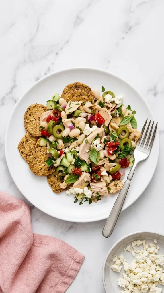  "Healthy Tuscan Tuna Salad with white beans, vegetables, feta, fresh herbs and crisp crackers",