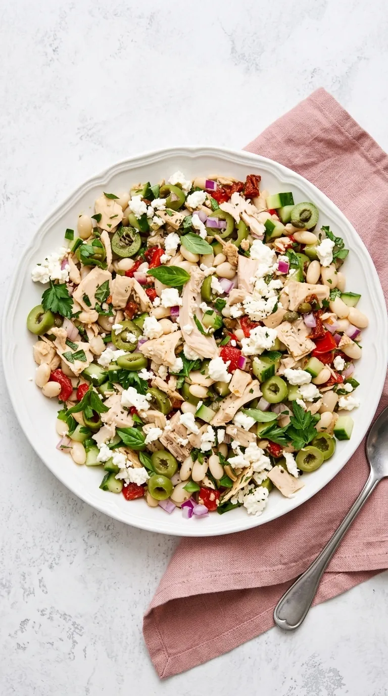 home 6 "Healthy Tuscan Tuna Salad with white beans, cucumber, olives, herbs, peppers, and feta",