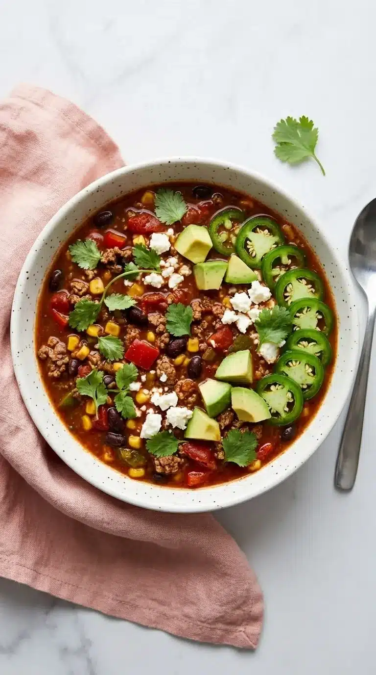 home 6 Taco Soup with ground beef, beans, corn, avocado, jalapeño, cilantro, and Cotija cheese