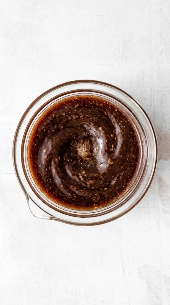 Homemade balsamic vinaigrette for Steak Salad being whisked in a clear glass bowl