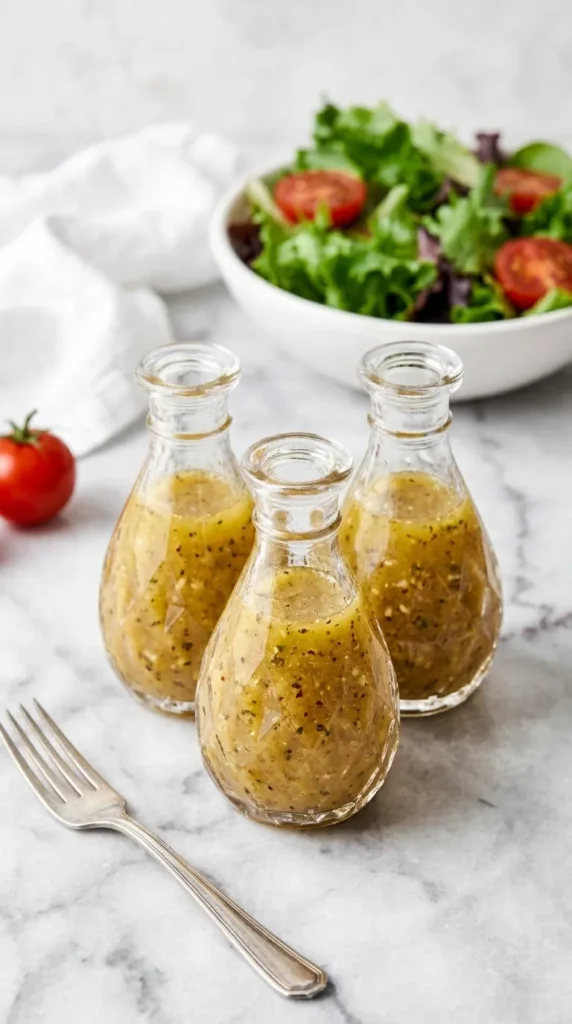 Homemade Italian Dressing with olive oil, garlic, herbs, and red wine vinegar in a glass jar
