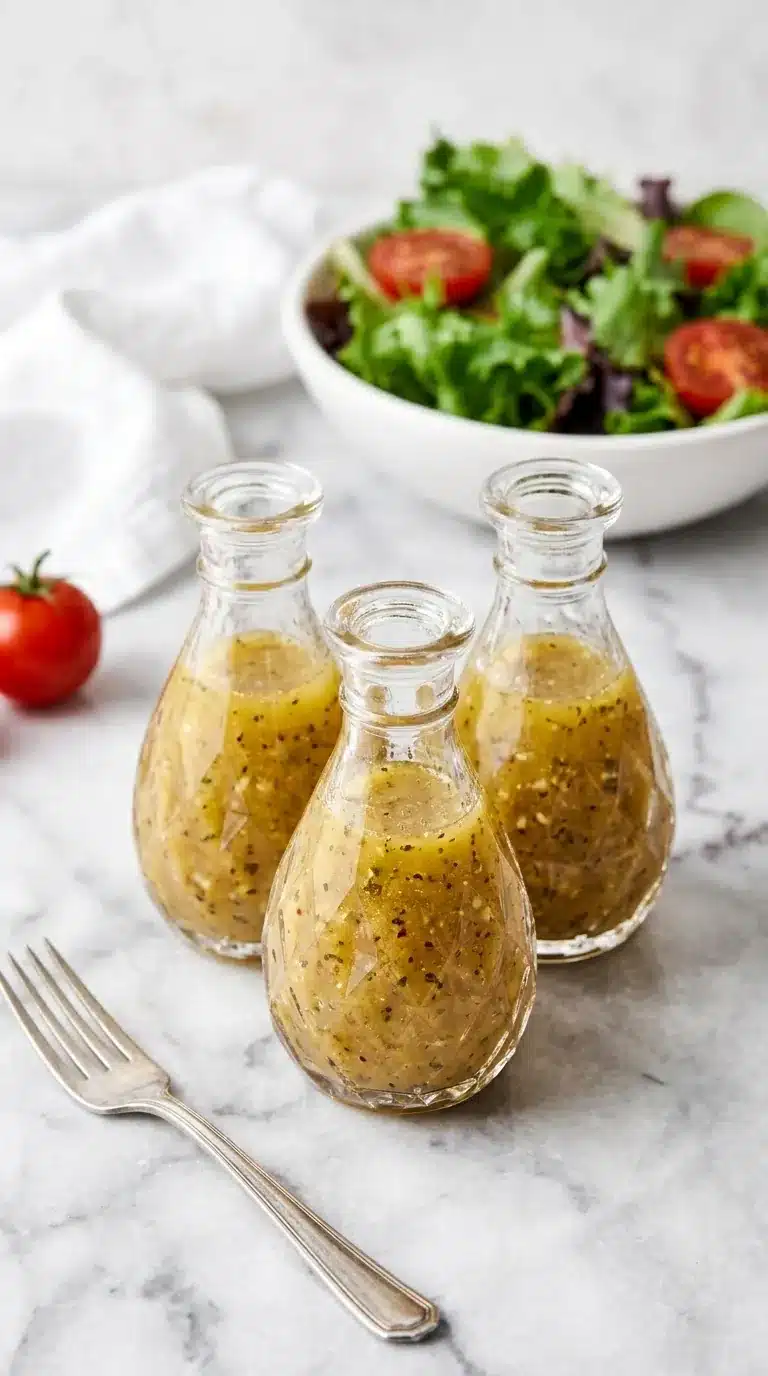 Homemade Italian Dressing with olive oil, garlic, herbs, and red wine vinegar in a glass jar