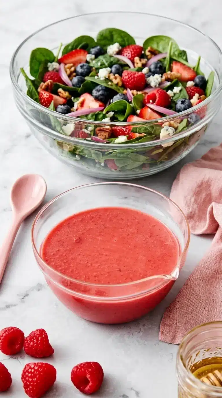 Homemade Raspberry Vinaigrette in a glass bowl with a fresh berry spinach salad.