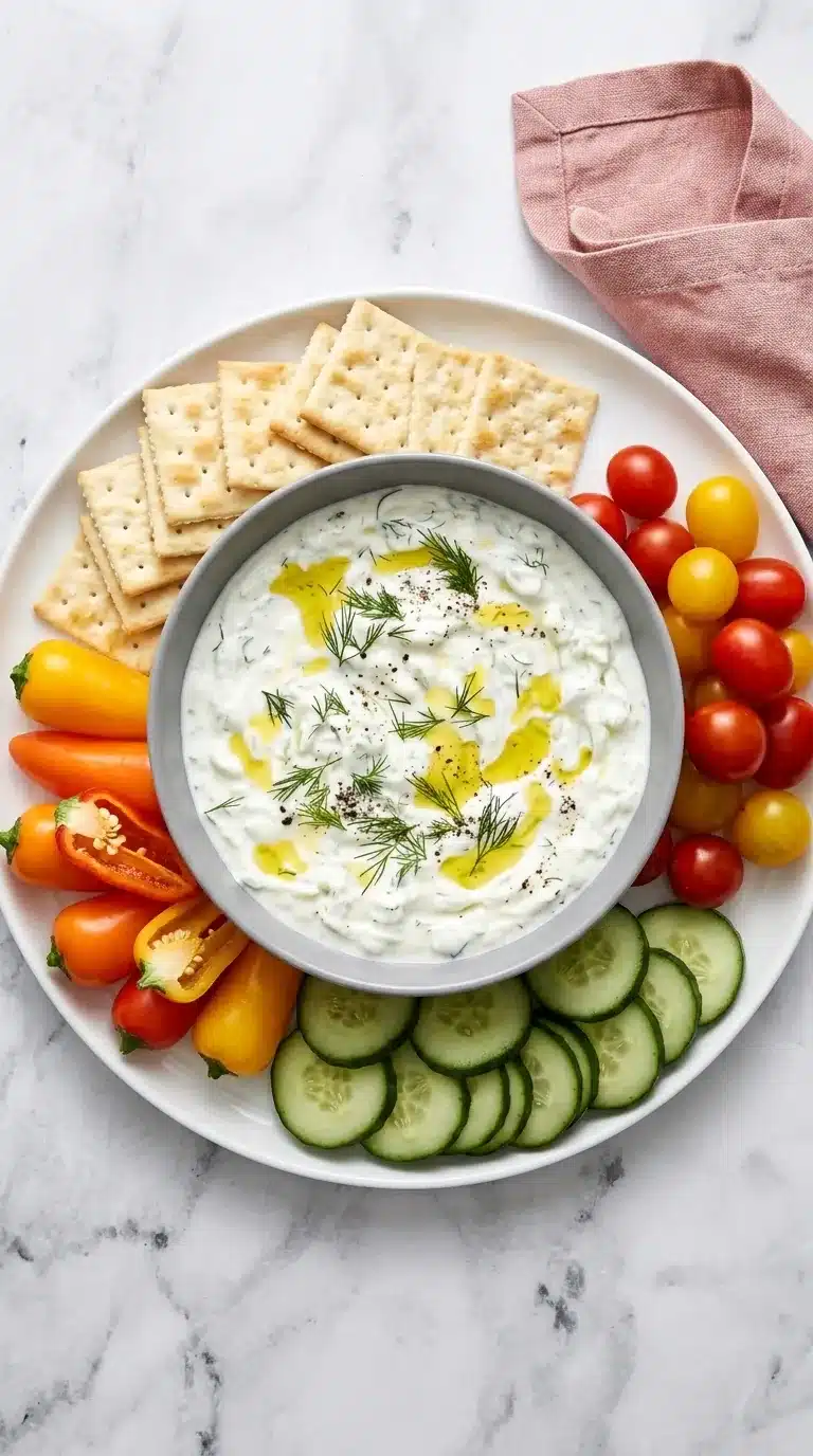 Creamy homemade tzatziki with cucumber, dill, olive oil, fresh vegetables, and pita