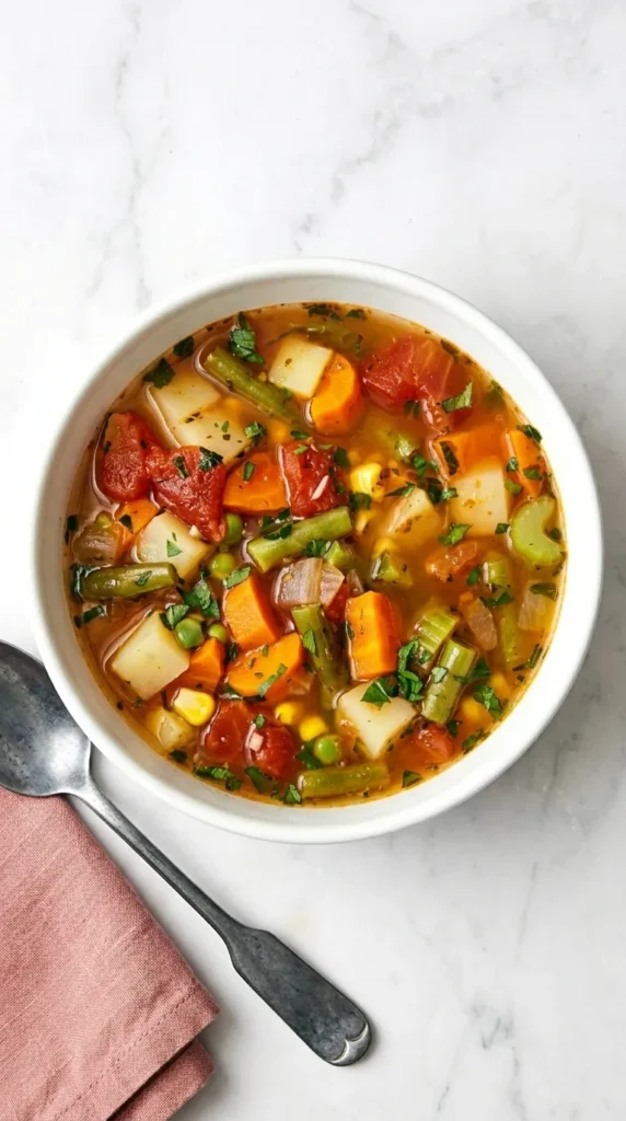 Bowl of Vegetable Soup with potatoes, carrots, green beans, tomatoes, corn, peas, and parsley