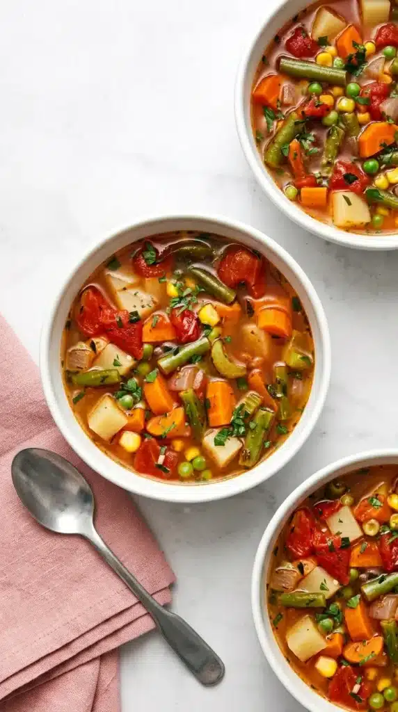 Homemade Vegetable Soup with potatoes, carrots, green beans, peas, corn, tomatoes, and fresh parsley