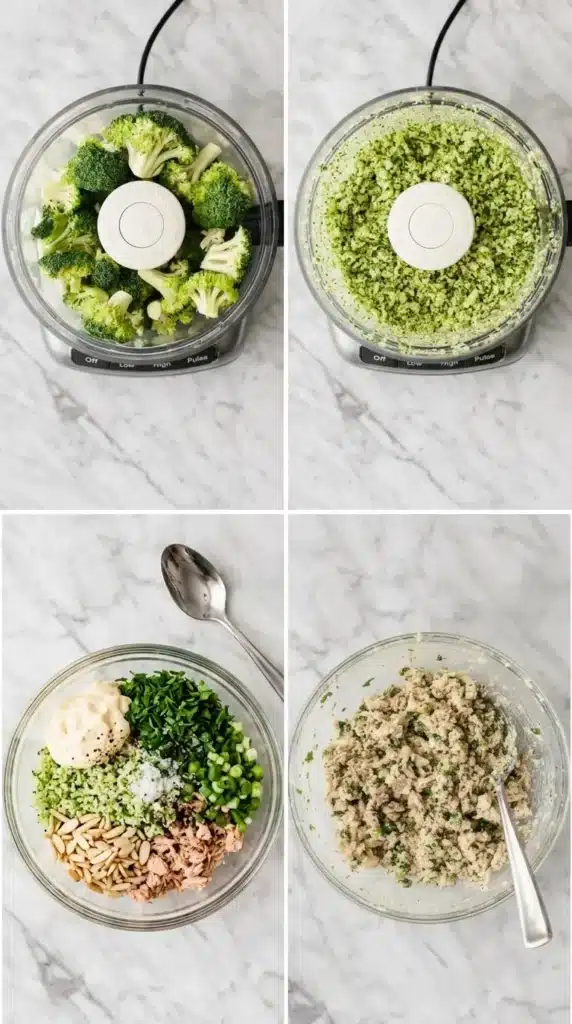 How to make Broccoli Tuna Salad with broccoli rice, tuna, mayonnaise, herbs, and seeds