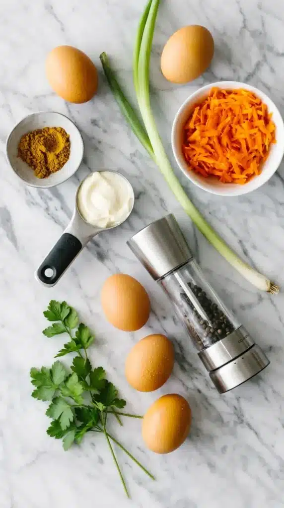 Curried Egg Salad ingredients before mixing and creamy finished egg salad