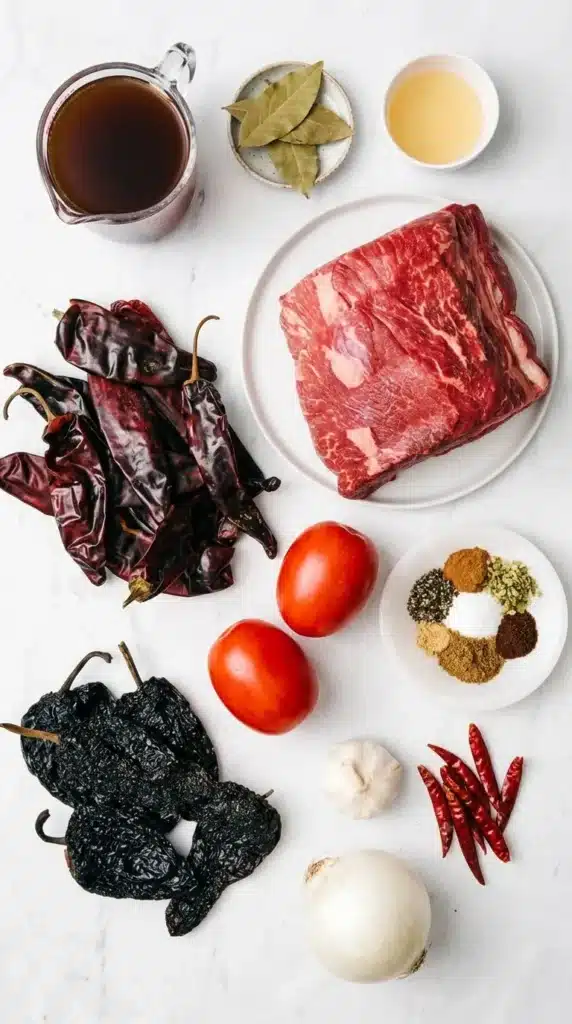 Birria ingredients with beef chuck roast, dried chiles, spices, tomatoes, onion, and garlic