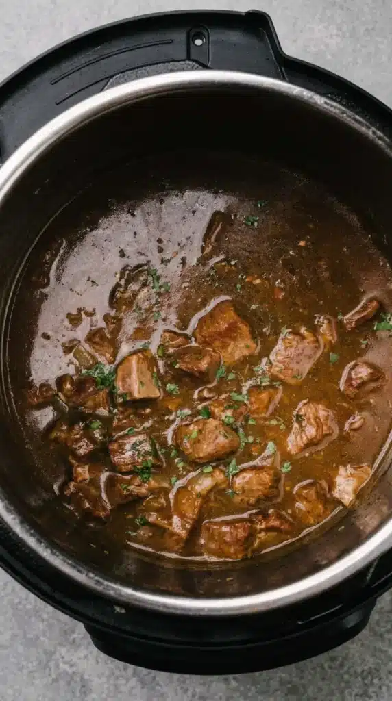 Instant Pot Beef Tips simmering in rich homemade gravy inside the Instant Pot
