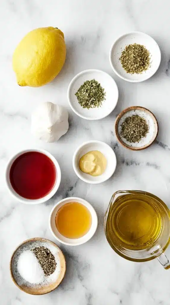 Italian Dressing recipe : Amazing Fresh Flavor in 5 Minutes 6 Italian Dressing ingredients with olive oil, vinegar, garlic, Dijon mustard, lemon, and herbs