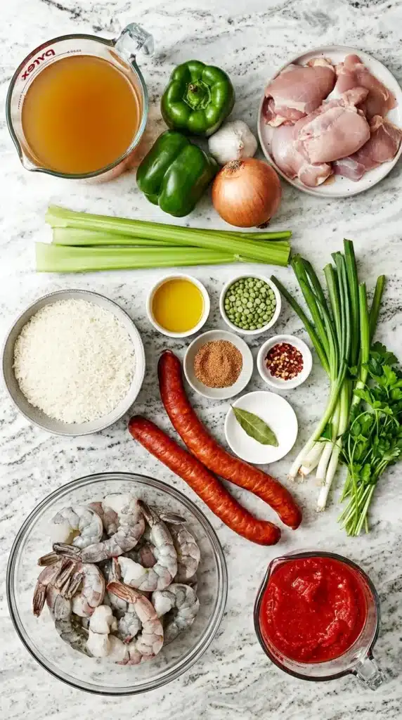 Jambalaya recipe : Easy, Powerful One Pot Dinner 7 Jambalaya ingredients with shrimp, chicken, sausage, rice, vegetables, tomatoes, and Cajun seasoning